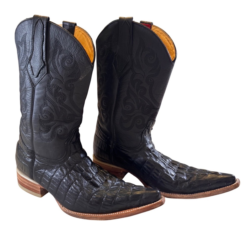Potrero Black Croc Caiman Print Cowboy Mexican Boots Snip Toe Western Mens SZ 8‎